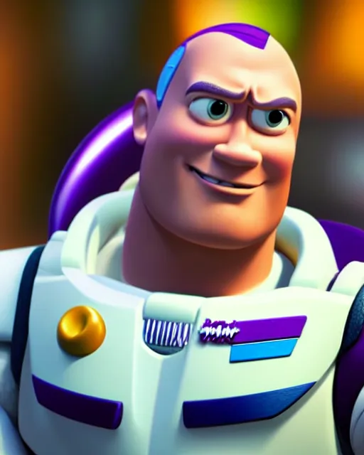 Image similar to Film still close-up shot of Dwayne Johnson as Buzz Lightyear in the movie Toy Story 3. Photographic, photography