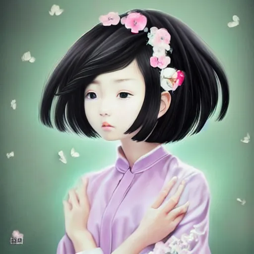 Prompt: little chinese girl with flowers in hair wearing an white dress. art by ilya kuvshinov, profile picture, inspired in hirohiko araki, realistic, highly detailed, 8 0 s anime art style, vogue cover