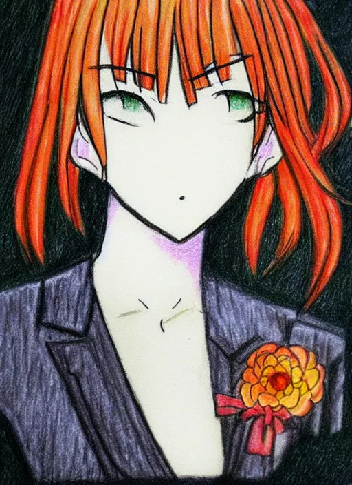 Prompt: drawn anime woman in business clothing, crayon art, very silly, very anime