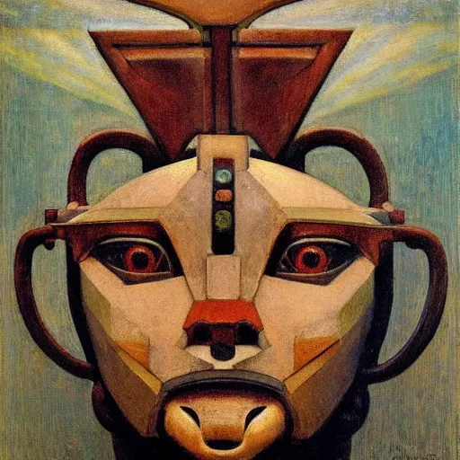 Image similar to masterpiece painting of a robot cat head mask, by annie swynnerton and diego rivera and nicholas roerich and jean delville, symbolist, dramatic lighting, god rays, elaborate geometric ornament, art brut, rich colors, smooth, sharp focus, extremely detailed, adolf wolfli and ( donato giancola )