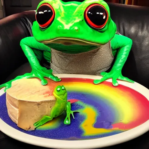 Prompt: giant frog with rainbow hair eating cheese