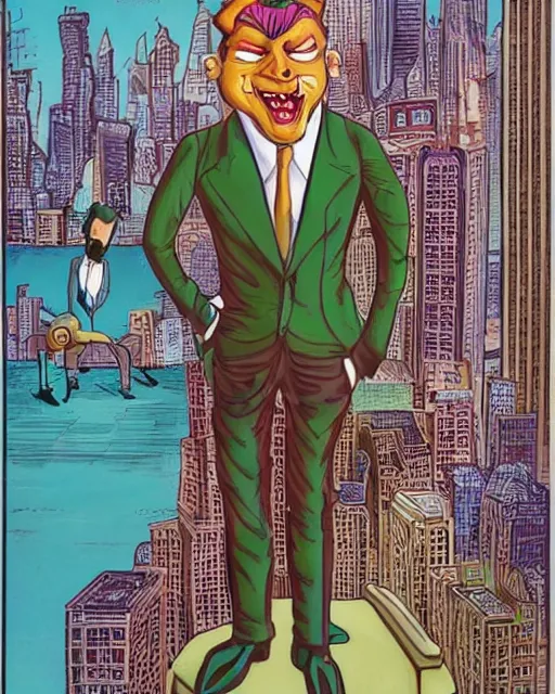 Image similar to villainous smug male antagonist in suit, fancy apartment, overlooking cityscape, artwork by ralph bakshi