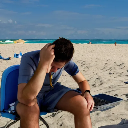 Prompt: hacker sit on his computer on a crowd beach.