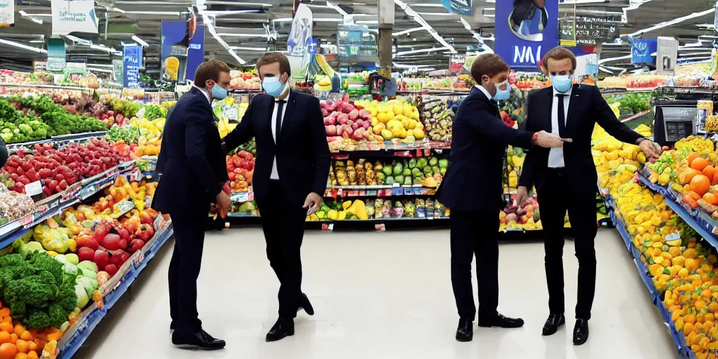 Prompt: macron buying vegetables in a supermarket
