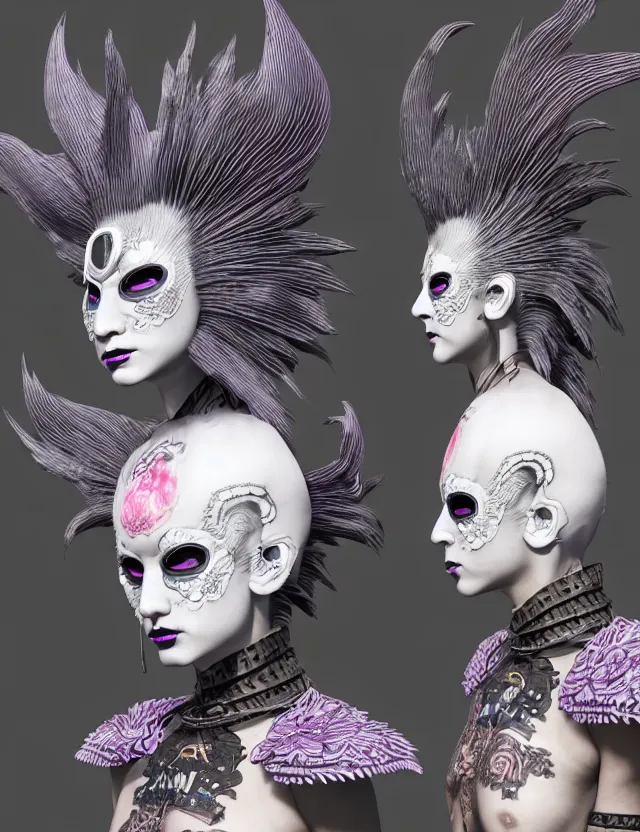 Image similar to 3 d goddess close - up profile portrait punk with mohawk with ram skull. beautiful intricately detailed japanese crow kitsune mask and clasical japanese kimono. betta fish, jellyfish phoenix, bio luminescent, plasma, ice, water, wind, creature, artwork by tooth wu and wlop and beeple and greg rutkowski