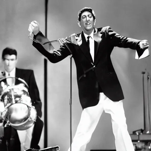 Prompt: Dean Martin performs on stage with the beastie boys