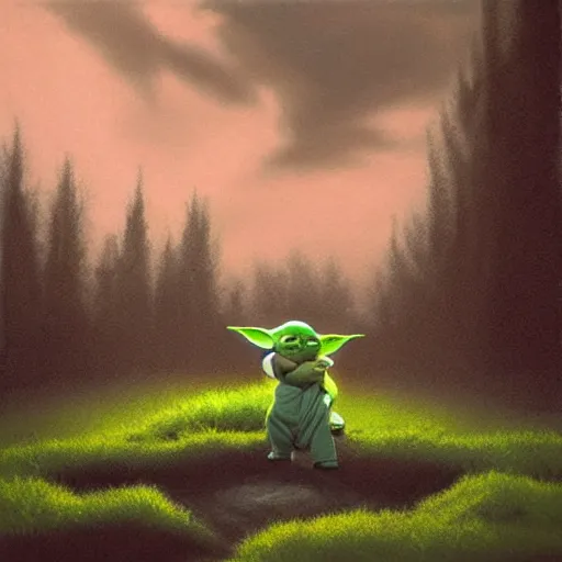 Prompt: high - angle view, shot from 5 0 feet distance, baby yoda on a well lit path in a dimly lit forest. dramatic clouds, setting sun, oil on canvas. light, shadow, depth, volume, chiaroscuro, drama, quiet intensity, realism, digital art