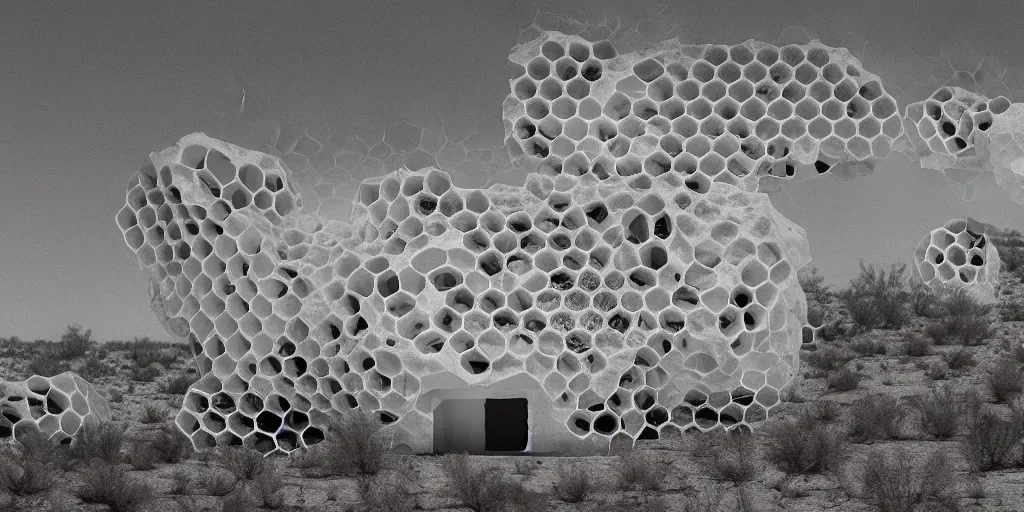 Image similar to real white honeycomb organic building with dripping honey by tomas gabzdil libertiny sitting on the arizona desert, film still from the movie directed by denis villeneuve arrival movie aesthetic with art direction by zdzisław beksinski, telephoto lens, shallow depth of field
