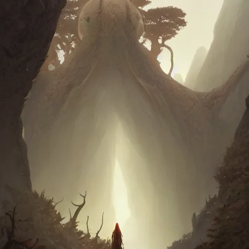 Image similar to stone humanoid colossus by grzegorz rutkowski and richard wright and peter mohrbacher and dan scott, atmospheric haze, stormy, forest, tiny woman in cloak in foreground silhouette, large scale