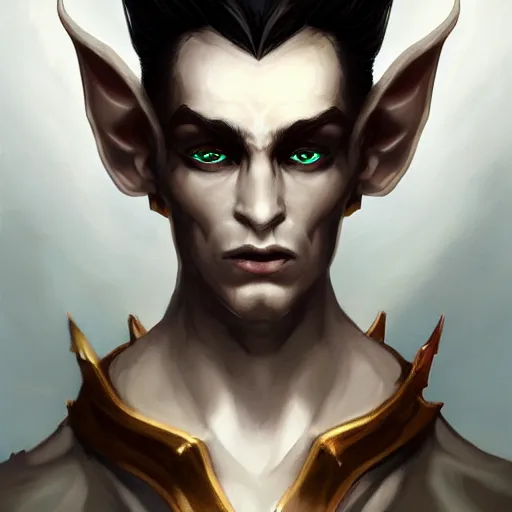 Image similar to Dark Fantasy portrait painting of a handsome elf man, waist high, fantasy clothing, cgsociety, trending on artstation