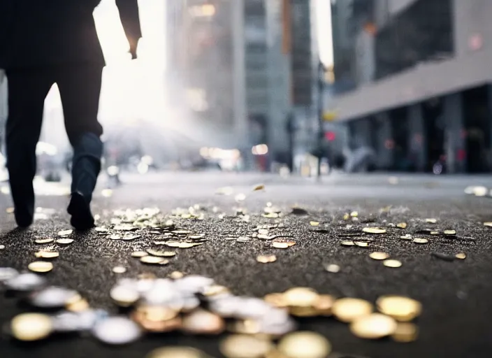 Image similar to a 3 5 mm photo from the back of a man walking through money falling from the sky, splash art, movie still, bokeh, canon 5 0 mm, cinematic lighting, dramatic, film, photography, golden hour, depth of field, award - winning, anamorphic lens flare, 8 k, hyper detailed, 3 5 mm film grain