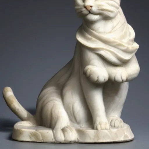 Image similar to a cat is sitting, marble statue, antique style, dramatic lightning,