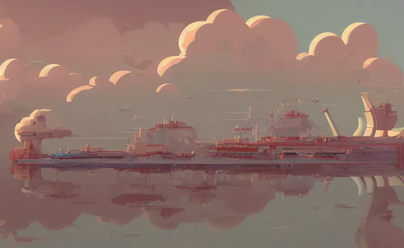 Image similar to ship building factory on clouds, james gilleard, moebius, print, game art