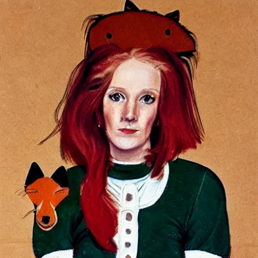 Image similar to portrait of a red haired woman, in 7 0 s clothes, holding a fox over her head while roller skating