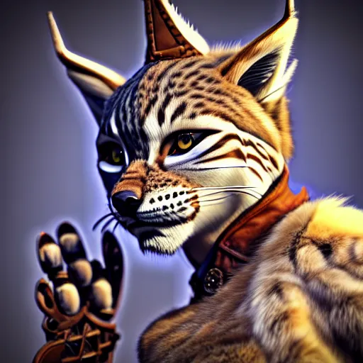 Prompt: anthropomorphic lynx fursona bowing, standing with her back, wearing steampunk suit with lynx head, tail, paws, no boots, by tanidareal, irakli nadar, view from behind, intricate linework, unreal engine, photorealistic 3 d render, furry art, furaffinity, bright sun backlight, white fur, golden hour