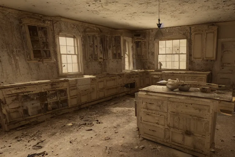 Image similar to ruined, abandoned american midwestern mansion kitchen, seen from inside. Diffused light falls through the broken windows. Dirt, leaves on ground. Unreal Engine. Substance painter. Zbrush. Trending on artstation. 8K. Highly detailed.