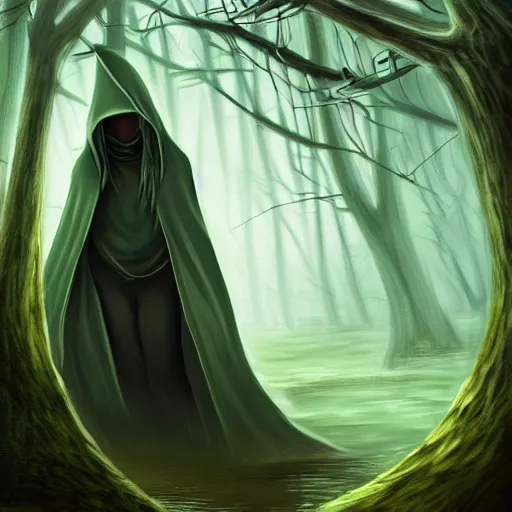 Image similar to a hooded figure standing in a forest, celestia, eden, river, fantasy artwork, award winning, very very very very very very very beautiful scenery, artstation