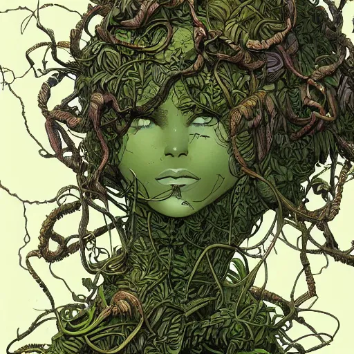 Prompt: full body portrait EXTREMELY DETAILED TWISTED DENSE vegetation stunning jungle beautifully-rendered verdant green ENT NYMPH twisting winding knotted tangled vines and trees by moebius human form by James Jean, by Mike Mignola comic graphic novel style action illustration COMPLICATED INTRICATE BUSY, gritty textured, trending on artstation