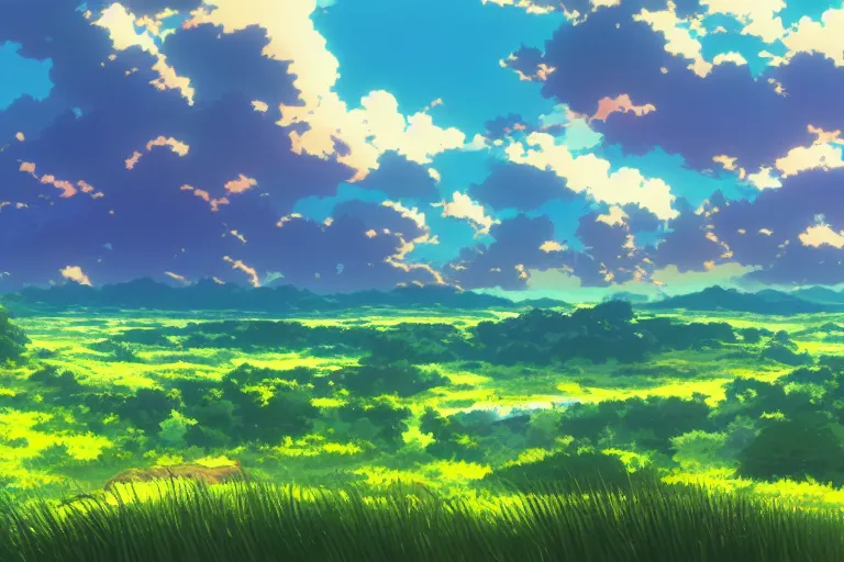 Image similar to anime screenshot wide-shot landscape with river and meadow hill, forest on the horizont, beautiful ambiance, golden hour, studio ghibli style, by hayao miyazaki, tom moor, sharp focus, highly detailed,