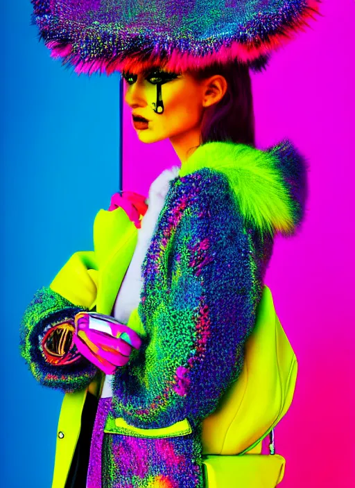 Image similar to coat for a rave, bright colors, many details, prints, photo for a magazine, photo for a store, fashion photography, Vogue, 135 mm, cinematic, hyper realism, high detail, 8k, chrome accents, perfect face