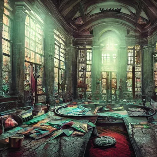 Prompt: eldritch legislature, fantasy, realistic colorful photography, interior, hyperrealism, incredible, detailed