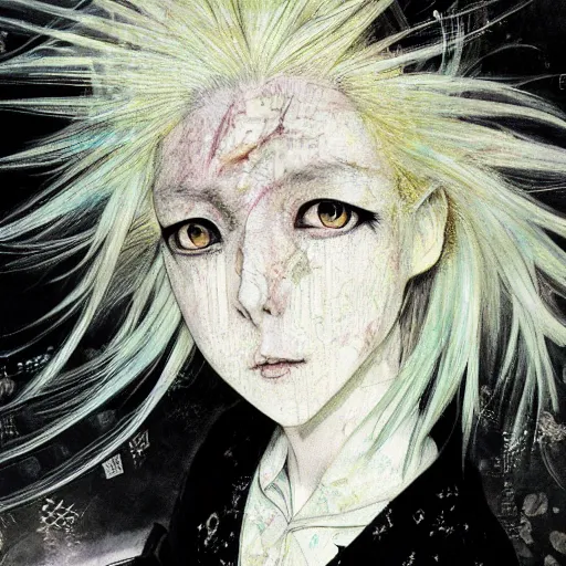 Image similar to yoshitaka amano realistic illustration of an anime girl with white hair and cracks on her face wearing dress suit with tie fluttering in the wind, abstract black and white patterns on the background, noisy film grain effect, highly detailed, renaissance oil painting, weird portrait angle