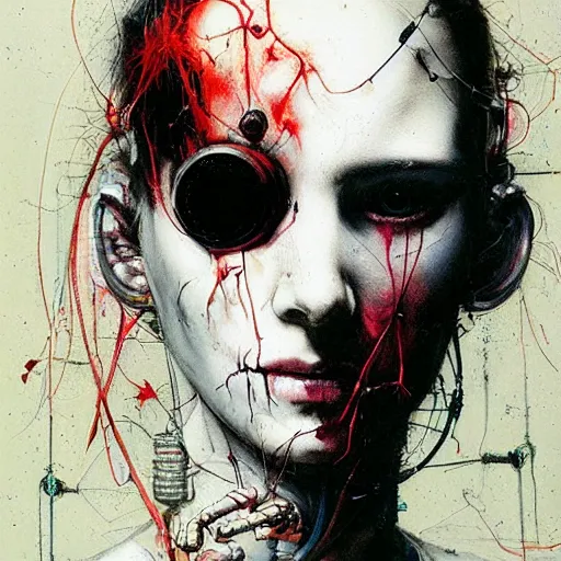 Image similar to a female cyberpunk hacker, skulls, wires cybernetic implants, machine noir, in the style of adrian ghenie esao andrews jenny saville surrealism dark art by james jean takato yamamoto and by ashley wood