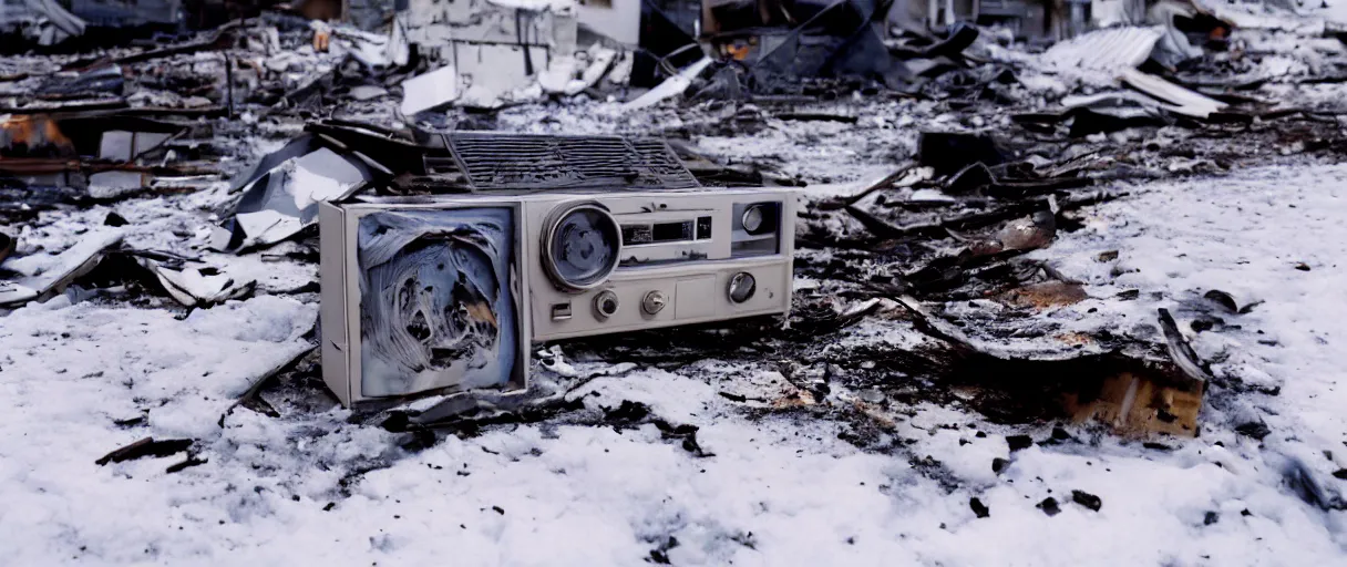 Image similar to filmic extreme closeup dutch angle movie still 4k UHD 35mm film color photograph of a texas instrument data tape player partly melted and burnt with smoke rising behind it, sitting among the rubble of a completely burned down structure in the snow in Antarctica at night