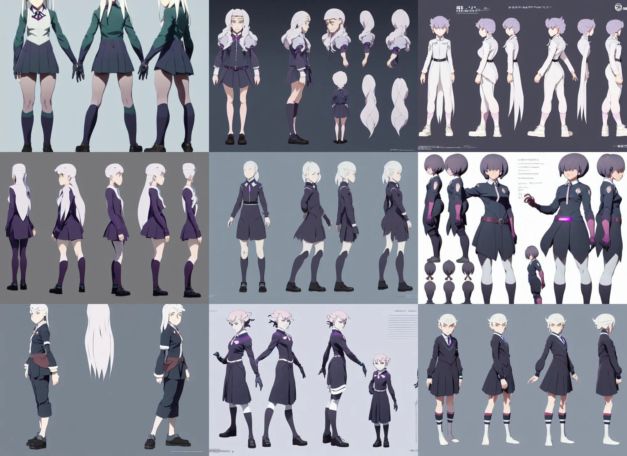 Prompt: character model sheet for a female for genshin impact by greg rutkowski, witch academia, magic school uniform, glowing white iridescent hair color, by studio ghibli, digital art, trending on artstation, hd, 8 k, highly detailed, good lighting, beautiful, masterpiece