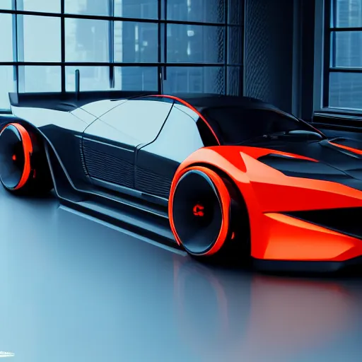 Image similar to cyberpunk concept inspired sports car, futuristic look, highly detailed, photorealistic camera shot, bright studio setting, studio lighting, crisp quality and light reflections, unreal engine 5 quality render