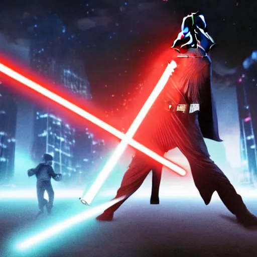 Prompt: darth vader battling obi wan kenobi with a lightsaber in the middle of new york in the evening