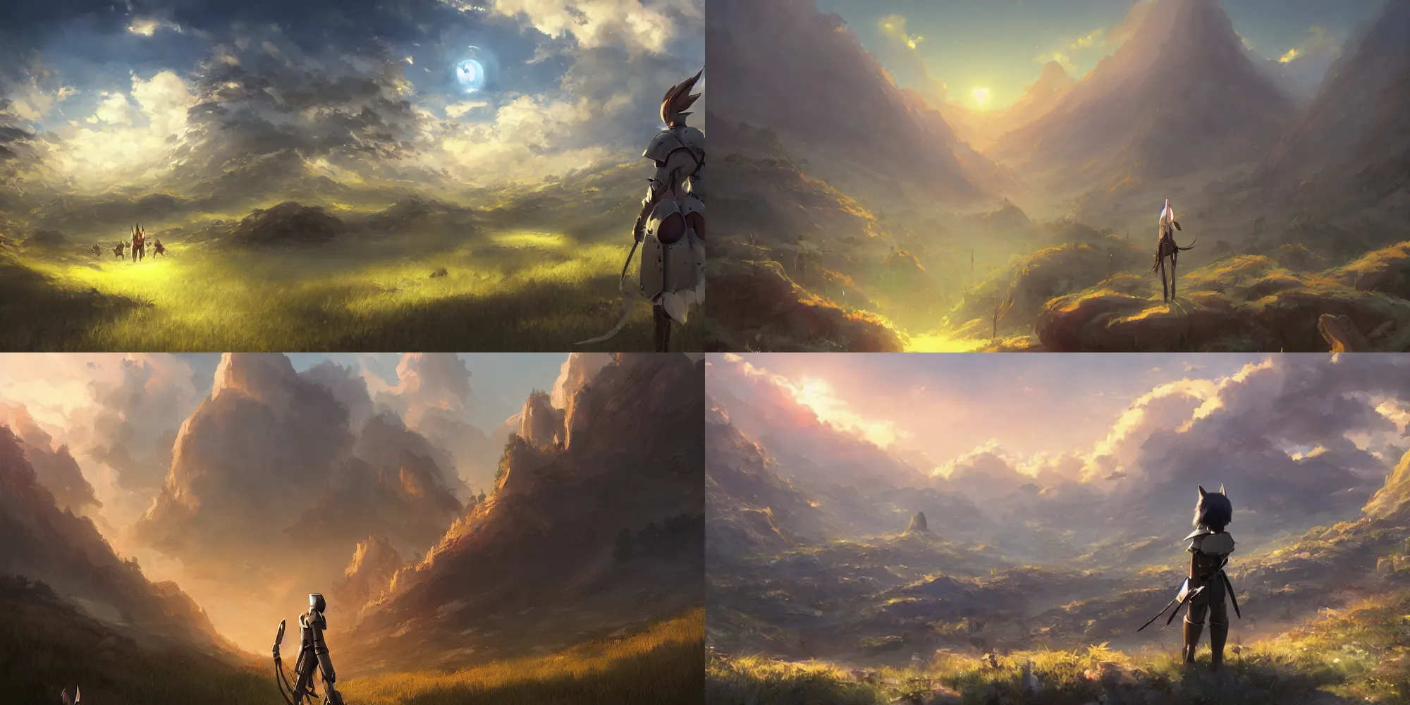 Prompt: stunning painting of a landscape behind an anthropomorphic cat in plate armor commanding an army of demons, award winning digital art by Makoto Shinkai