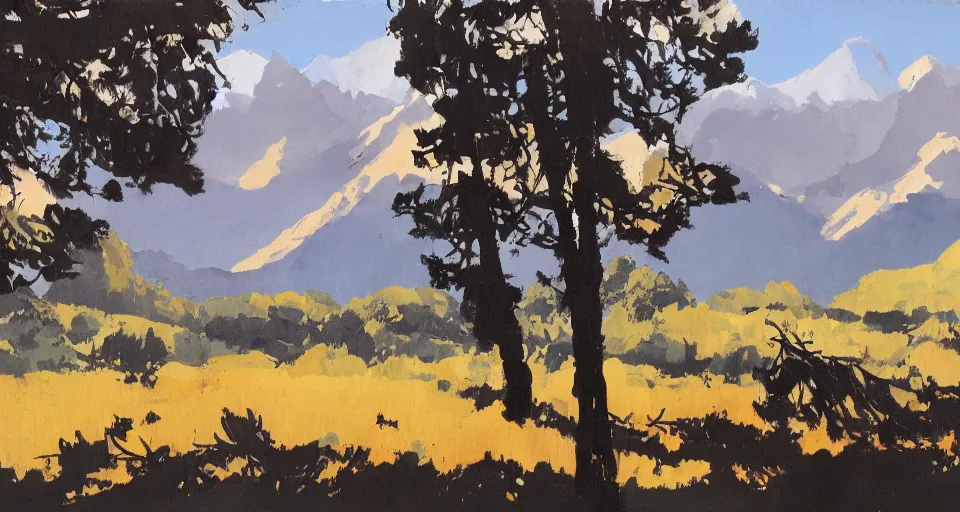 Prompt: a beautiful landscape with trees and mountains, by ashley wood