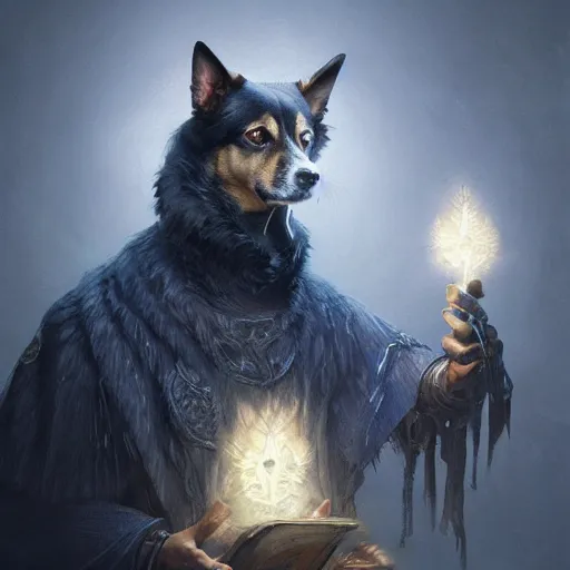 Image similar to Portrait of a dog as a sorcerer, magic, fantasy, D&D, intricate, cinematic lighting, highly detailed, digital painting, artstation, concept art, smooth, sharp focus, illustration, art by Artgerm and Greg Rutkowski