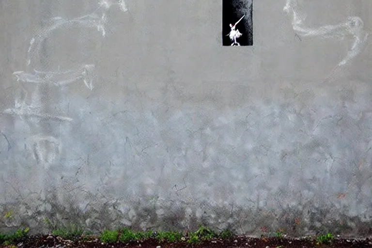 Image similar to abstract wall painting of nature landscape, grey grunge wall rule of thirds, art by banksy