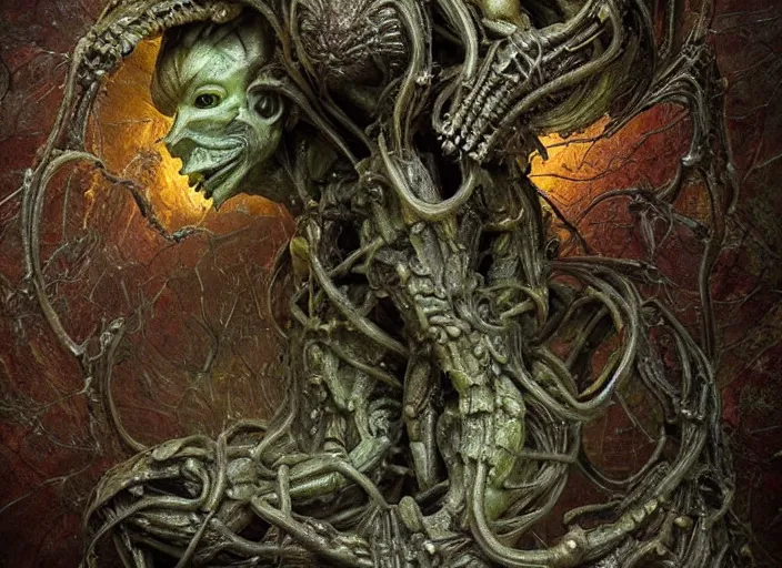 Image similar to metroid chozo statue metroid torizo dark scifi cave overgrown ruins dark spectral enigmatic atmosphere in the style of zdzisław beksinski and h. r. giger