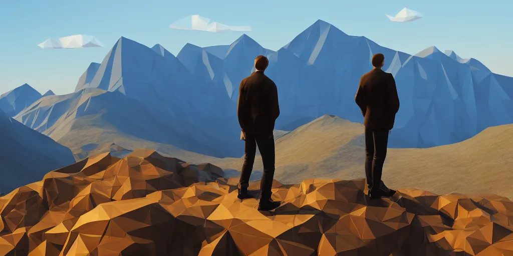 Prompt: low poly 3D rendering of a man standing atop a wide mountain range, natural light, cinematic, bokeh, wide angle