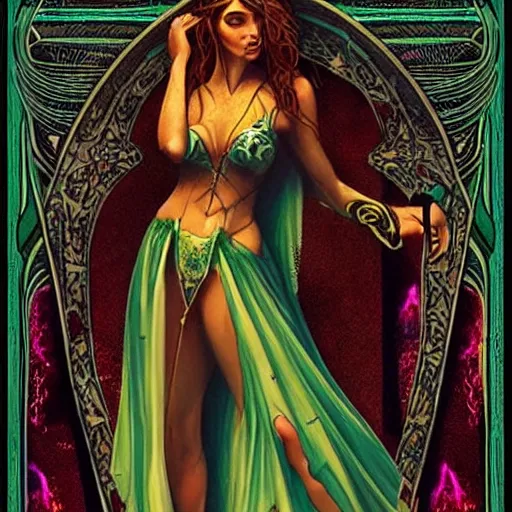 Prompt: “ tarot card of a very beautiful evil gypsy sorceress, doing dark magic, ominous supernatural glow on edge of body, art nouveau style, 8 k, hyper realistic, highly detailed, featured on artstation ”