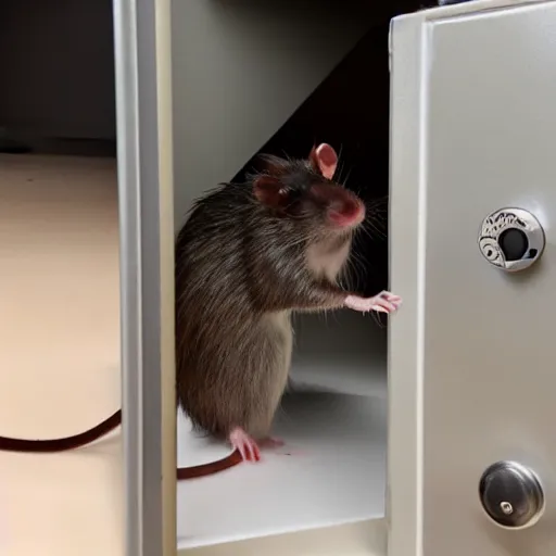 Prompt: A very long and abnormally stretched rat cracking a safe.