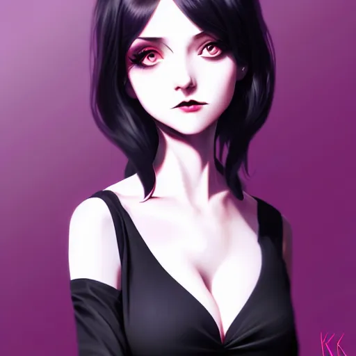 Image similar to goth gf e-girl, elegant, 2d, ultra highly detailed, digital painting, smooth, sharp focus, artstation, pixiv, art by Ilya Kuvshinov