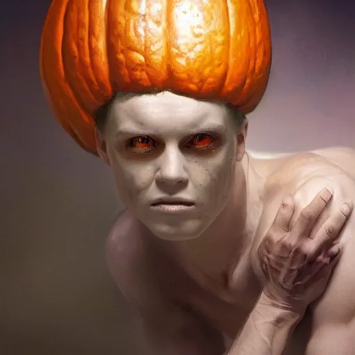 Prompt: epic masterpiece of cinematographic hyperrealism where a man dressed as a halloween pumpkin appears, the background of the image is white. realistic shaded lighting poster by craig mallismo, artgerm, jeremy lipkin and michael garmash, unreal engine, radiant light, detailed and intricate environment, digital art, art station trends