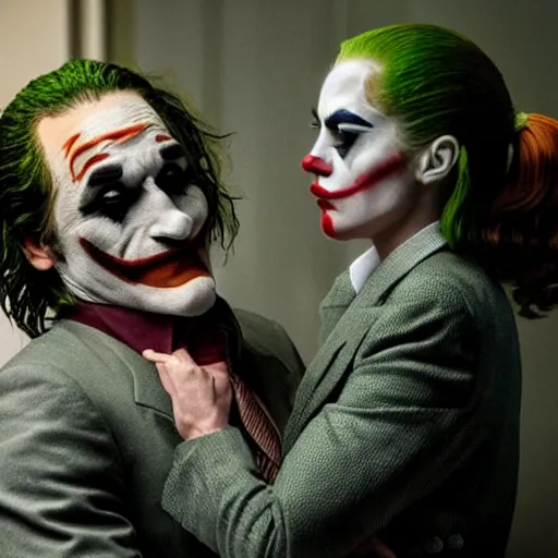 Image similar to ultra realistic stealth candid photograph from joaquin phoenix with lady gaga in new joker movie footage's, intricate details, face details, proportional body details, full medium shot.