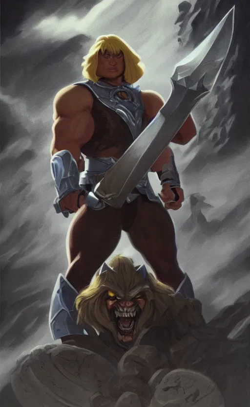 Prompt: Full body centered uncut character pose of mysterious-eerie-ominous He-Man, He-Man is holding the Power Sword in his right hand, He-Man rides the Battle Cat, dark grey shadowy smokey background, direct natural lighting, cinematic, Epic, ultra-detailed, sharp focus, colored illustration, artwork by Jordan Grimmer and Greg Rutkowski and Alphonse Mucha