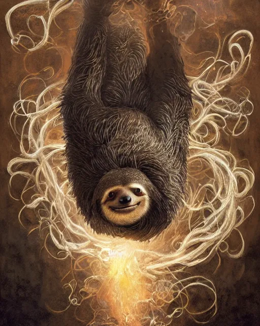 Image similar to a highly detailed portrait of a sloth wearing a black tuxedo as a devious magician radiating a powerful energy aura, wispy tendrils of smoke, swirling vortex of energy, performance art, intricate, digital painting, old english, raining, sepia, particles floating, whimsical background by marc simonetti, art by artgerm and greg rutkowski and alphonse mucha