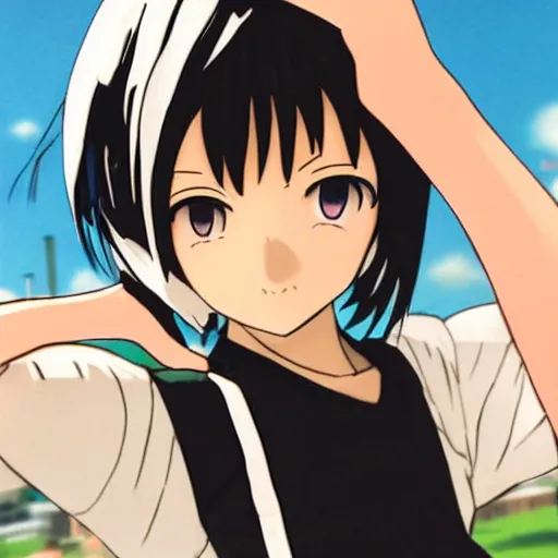 Prompt: pale - skinned anime girl, very white - skinned girl with black hair, cute face, black bob cut hair, short bangs, angry expression, cel - shading, 2 0 0 1 anime, flcl, jet set radio future, cel - shaded, strong shadows, vivid hues, y 2 k aesthetic