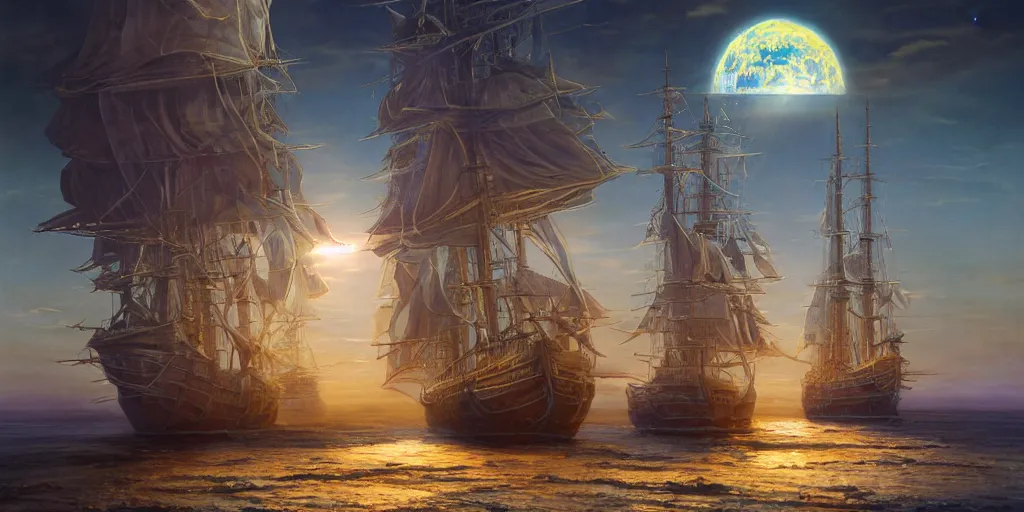 Image similar to Photorealistic epic science fiction painting of one solitary tall ship with three masts floating in space, by Rodney Matthews and Roger Dean. photorealism, UHD, amazing depth, glowing, golden ratio, 3D octane cycle unreal engine 5, volumetric lighting, cinematic lighting, cgstation artstation concept art