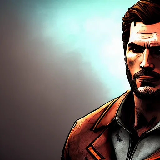 Image similar to henry cavill portrait, borderlands, tales from the borderlands, the wolf among us, comic, cinematic lighting, studio quality, 8 k