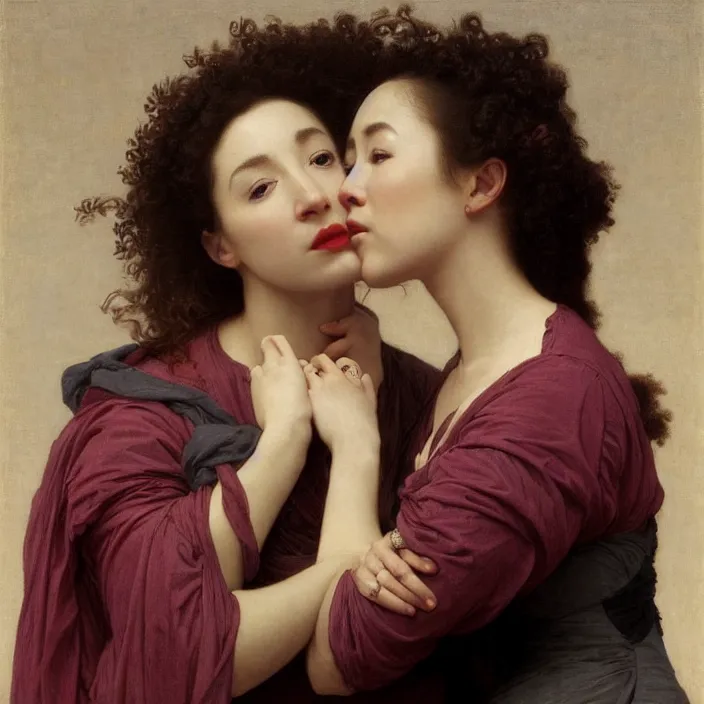 Prompt: jodie comer and sandra oh kiss by william - adolphe bouguereau