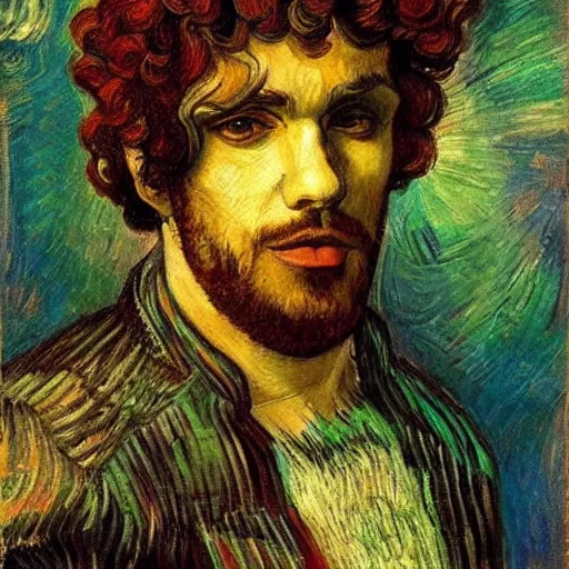 Prompt: a beautiful cyberpunk painting of a curly-haired persian guy in a futuristic world by Leonardo DaVinci and Vincent Van Gogh and Salvador Dali