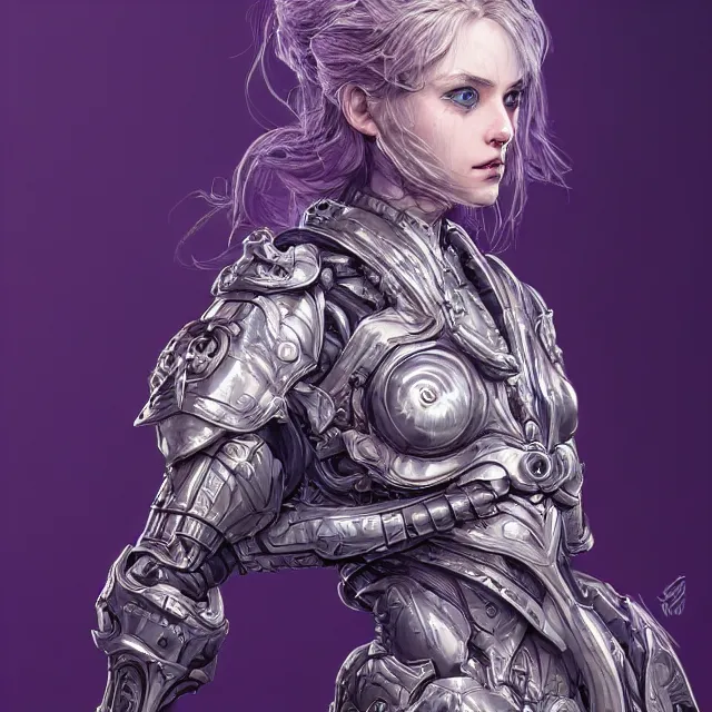 Image similar to close facial portrait of a pale woman in sci - fi armor with a flowing purple, elegant, stoic, intense, ultrafine hyperdetailed illustration by kim jung gi, irakli nadar, intricate linework, sharp focus, bright colors, octopath traveler, final fantasy, hearthstone, highly rendered, global illumination, radiant light, detailed, intricate environment